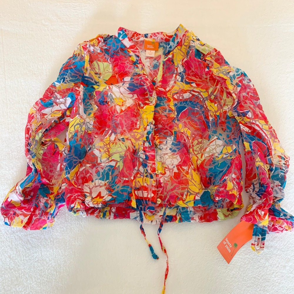 Hearts of Palm Bloom Town Blouse Women Multicolor Abstract Burnout Rayon Size 8